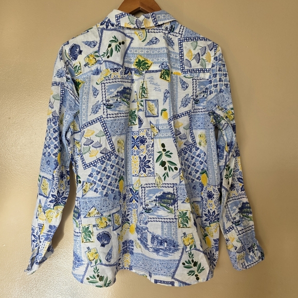 J Crew Linen Blend Coastal Patchwork Lemons Button Up Shirt XL Euro Summmer NWT - Picture 11 of 16